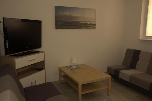 a living room with a couch and a flat screen tv at Dom przy plaży in Dźwirzyno