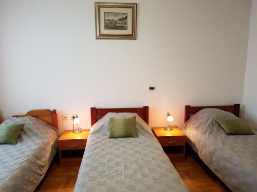 two beds in a room with two lamps on tables at Prenociste Klas in Pleternica