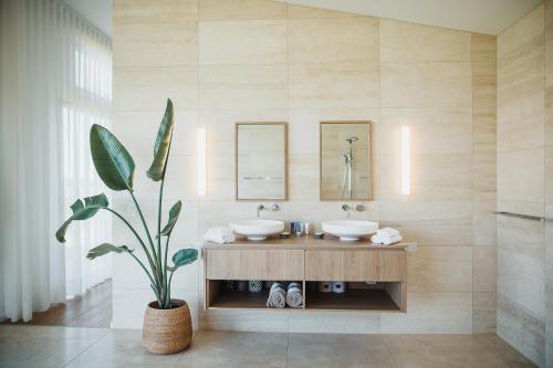 a bathroom with two sinks and a potted plant at StowAway Kangaroo Island in Stokes Bay