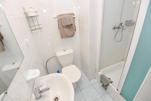 a white bathroom with a toilet and a shower at Vila Baldininkas in Neringa