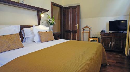 a bedroom with a large bed and a television at Grand Hotel Praha in Prague