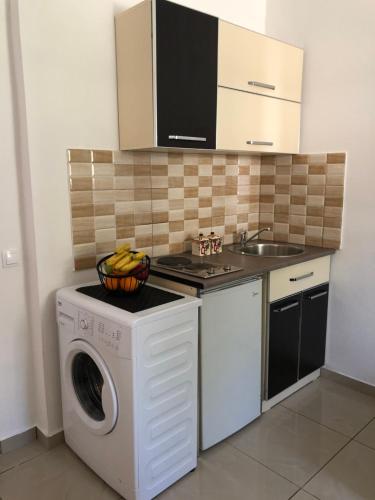 a kitchen with a washing machine and a sink at Apartmani Dini in Ulcinj