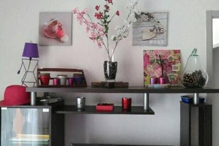 a shelf with flowers and vases on a wall at Appartement Narbonne in Narbonne