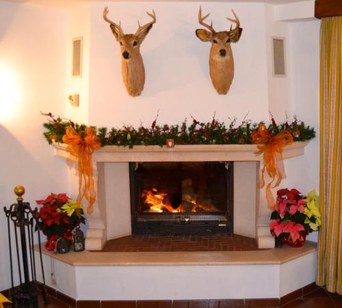 a fireplace with two deer heads and a fire place at Hotel Bucaneve in Pescasseroli