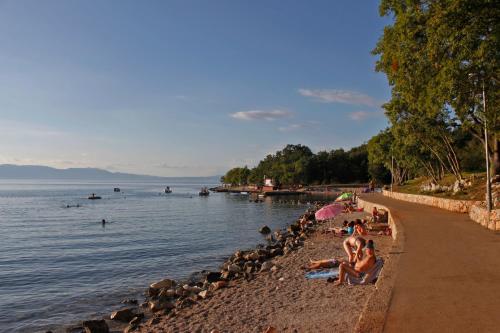 a group of people laying on a beach next to the water at Apartments Matic in Njivice