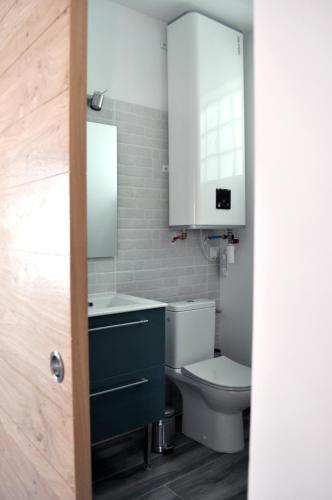 a bathroom with a toilet and a sink and a cabinet at Ibanova Appartements in Collioure