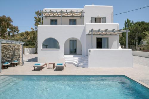 a villa with a swimming pool in front of a house at Naxos Infinity Villa and Suites in Naxos Chora