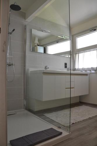 a bathroom with a shower with a sink and a mirror at Vakantiewoning De Zandkorrel in Middelkerke