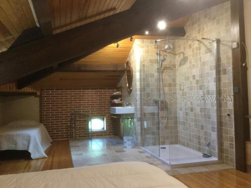Hastinguesにあるgîte porte de la bastideの屋根裏のバスルーム(シャワー付)