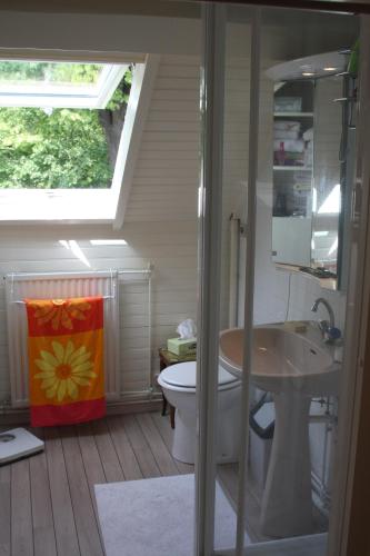 a bathroom with a toilet and a sink and a window at Le Kiosque Amiens chambres d'hôtes in Amiens