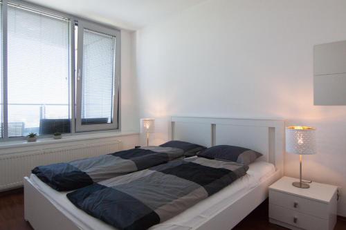 1 dormitorio con 2 camas y ventana grande en Juls Apartment next to football and hockey stadium, en Bratislava