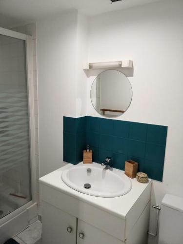une salle de bain avec un lavabo blanc et un miroir dans l'établissement Appartement Rouen Cathédrale avec terrasse, à Rouen