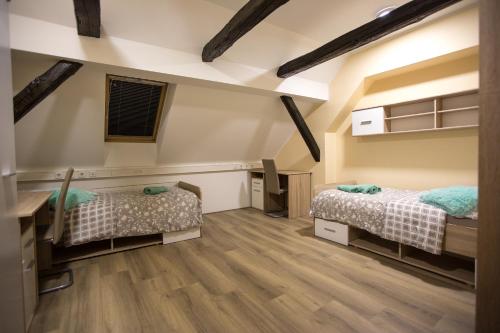 a room with two beds and a desk in it at MINIDORM ROOMS IN HEART OF CITY CENTER in Maribor