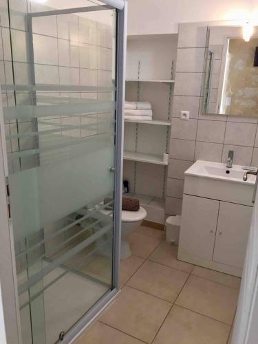 une salle de bain avec une douche, des toilettes et un lavabo dans l'établissement Le 5B, à Barjac