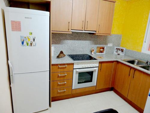 a kitchen with a white refrigerator and wooden cabinets at Alojamiento turistico Ribagorza in El Lligallo del Gànguil