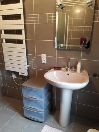 ein Badezimmer mit Waschbecken und Spiegel in der Unterkunft Les Roses Trémières in Trans