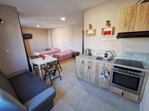 a kitchen and living room with a sink and a couch at Kazak in Obzor