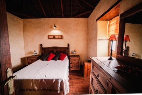 Un dormitorio con una cama con almohadas rojas. en Casa Elena, en Tijarafe