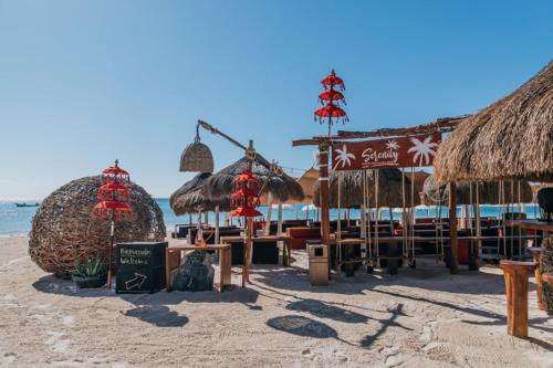 a beach with umbrellas and chairs and the ocean at Serenity Authentic Glamping Tulum in Xpu Ha