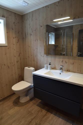 a bathroom with a white toilet and a sink at Lofoten Cabins - Kåkern in Ramberg
