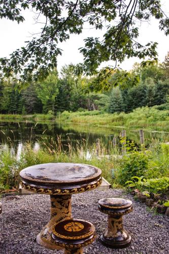 a stone table and two stools in front of a pond at Shambhala Bed and Breakfast in Buckhorn
