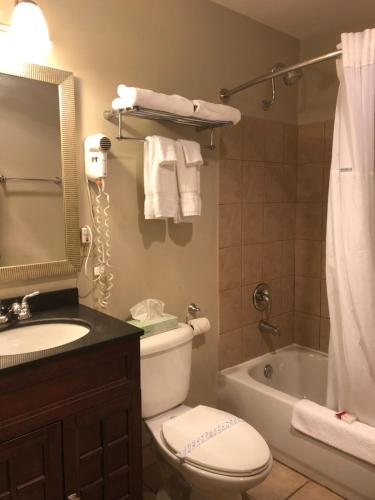 a bathroom with a toilet and a sink and a tub at Global Inn in Coos Bay