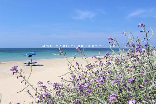 a beach with purple flowers and an umbrella and the ocean at Home Holiday Salento Monica's House Pescoluse in Marina di Pescoluse