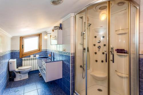 a bathroom with a shower and a toilet and a sink at casa mar por habitaciones in Brion