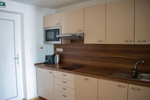 Kuchyň nebo kuchyňský kout v ubytování Apartmán u pláže s terasou