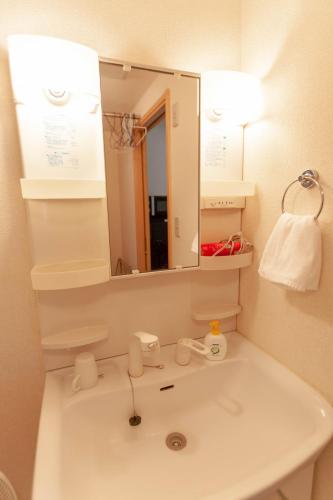 a bathroom with a white sink and a mirror at Trailside Apartments Niseko in Kutchan