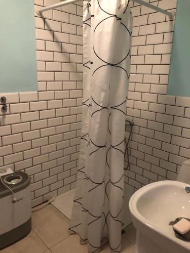 - un rideau de douche blanc dans la salle de bains pourvue d'un lavabo dans l'établissement Domek Bogaczewo, à Bogaczewo