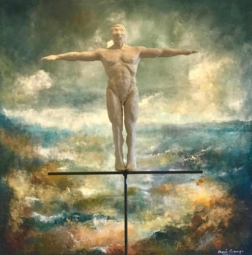 a painting of a christ redeemer standing on top of a table at Tryde 1303 B&B på Österlen in Tomelilla
