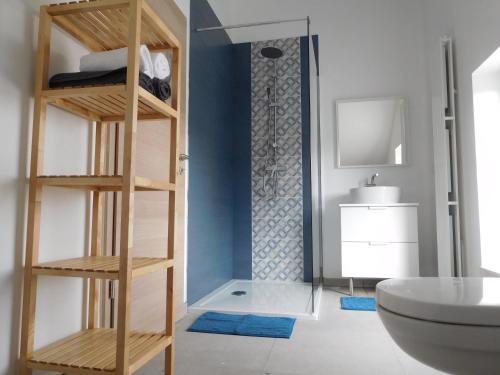 a bathroom with bunk beds in a room with a shower at Gîte du Lac in Fosses-La-Ville