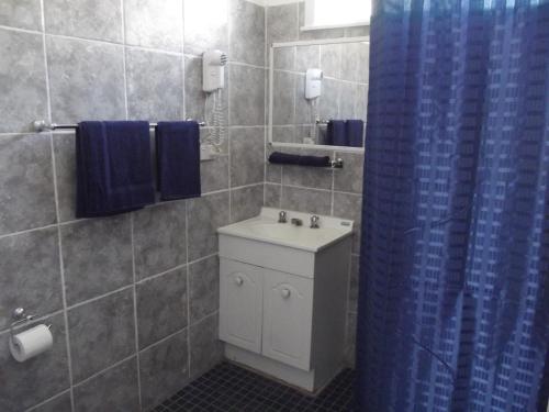 a bathroom with a sink and a blue shower curtain at Coonamble Motel in Coonamble