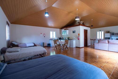 een kamer met 2 bedden, een woonkamer en een keuken bij Danny's Rural Suite in Curral das Freiras