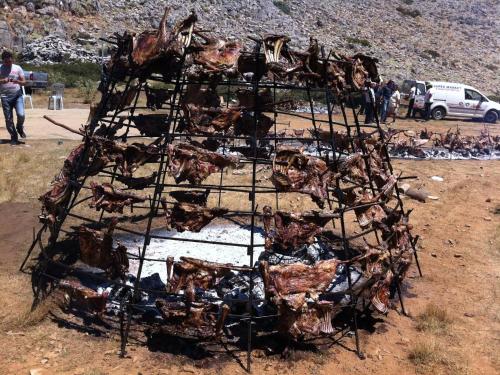 a group of chickens on a grill in a field at Villa in Axos with Pool near Panormo Beach in Axós