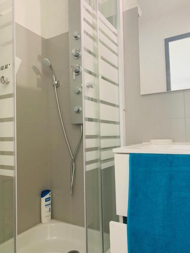 une salle de bain avec une douche avec une porte vitrée dans l'établissement La Pinède, à Gruissan