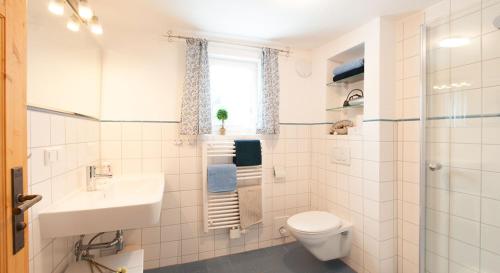 a bathroom with a toilet and a sink and a shower at Gästehaus Minkel in Gudensberg