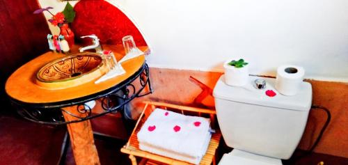 a bathroom with a sink and a toilet and a mirror at Riad Des Vieilles Charrues in Boumalne