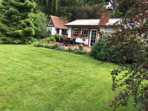 a house with a green lawn in front of it at Ferienhaus zum Vogelnest in Thale