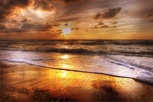 um pôr-do-sol numa praia com o oceano em Beach House 9 em Scharendijke