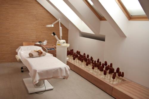 a hospital room with a bed and a row of chickens at Špik Alpine Resort in Kranjska Gora