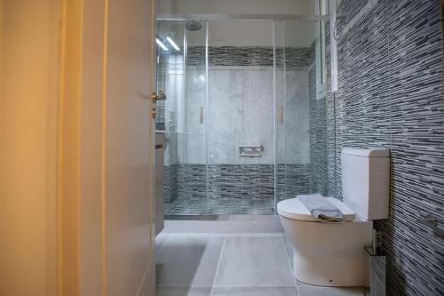 La salle de bains est pourvue de toilettes et d'une douche en verre. dans l'établissement Luxurious 4 bdrm+3 bath Apt in the heart of Athens, à Athènes