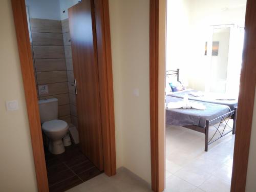 W łazience znajduje się toaleta, umywalka i lustro. w obiekcie Apartment Alexis Armeno w mieście Marathias