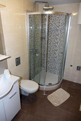 a bathroom with a shower and a toilet and a sink at Apartments Nevenka i Josko in Tučepi