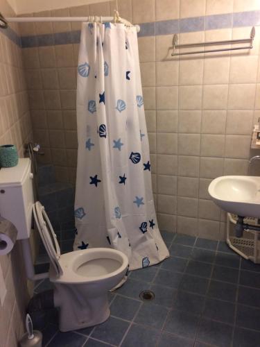 a bathroom with a toilet and a shower curtain at Villa Costa Studios in Vathi, Sifnos