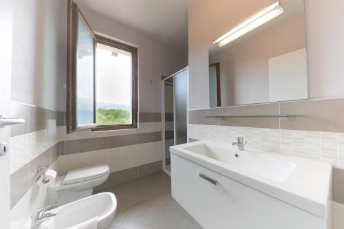 a bathroom with a sink and a toilet and a mirror at Residence San Michele in Costermano sul Garda