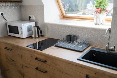 a kitchen counter with a microwave and a sink at Apartamenty Ciche Wzgórze Zakopane in Zakopane