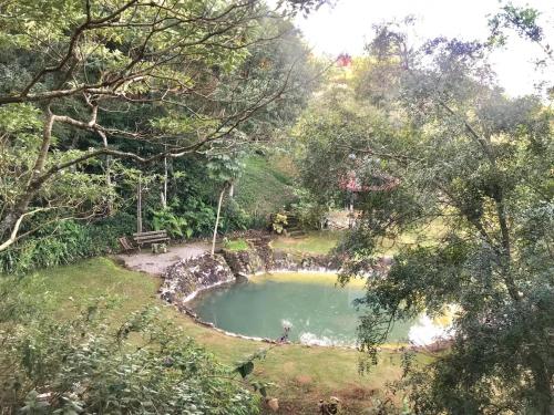 a pond in a park with a bench and trees at Pousada Recanto da Siriema in Monte Alegre do Sul