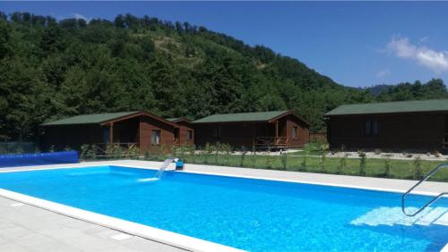 a large swimming pool in front of some huts at Kalabash Apartments in Sovata